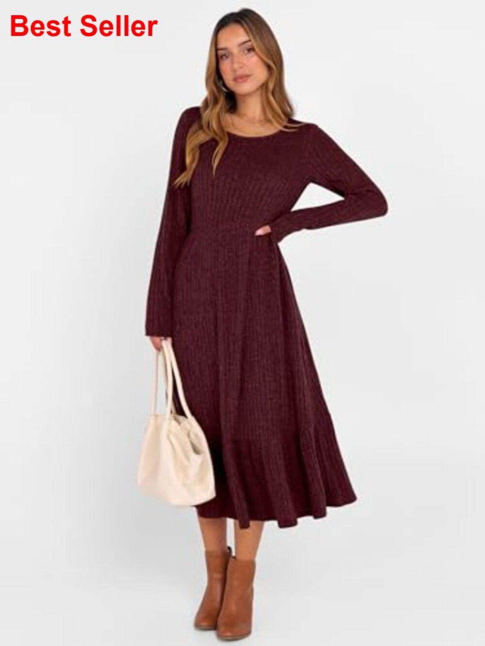 Rib Knit Crew Neck Long Sleeve Midi Dress with Pockets - Picture 2 of 7